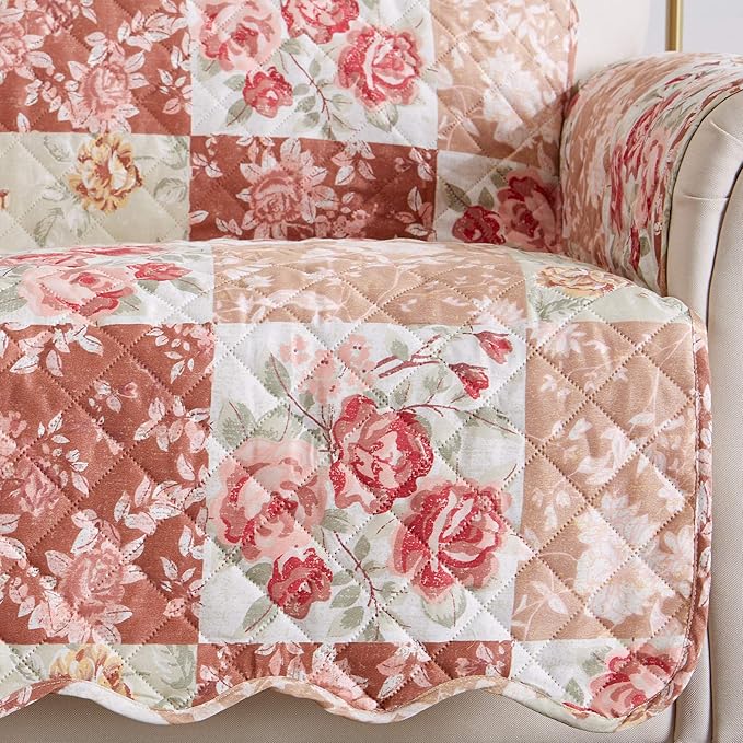 Great Bay Home Reversible Floral Patchwork Furniture Protector Scalloped Edge Stain Resistant Printed Furniture Protector Maribel Collection (Loveseat, Burgundy/Taupe)