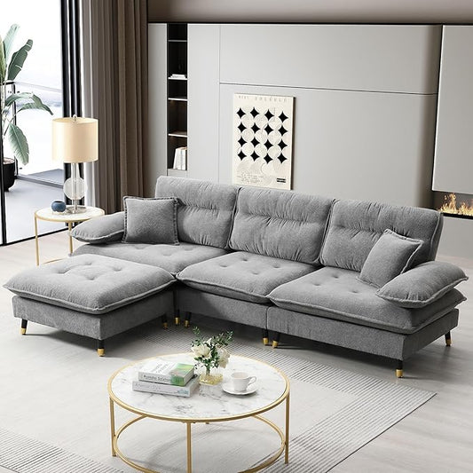 106" L Shaped Convertible Sectional Sofa,4 Seat Tufted Cloud Couch Set W/Movable Ottoman for Living Room, Apartment,Office,Chenille Fabric,Grey