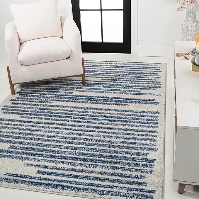 JONATHAN Y Khalil Modern Berber Stripe Cream/Navy Indoor Area Rug, 4x6, Contemporary, Bohemian, Easy-Cleaning for Living Room, Bedroom, Kitchen, Pet Friendly, Non-Shedding (MOH207E-4)