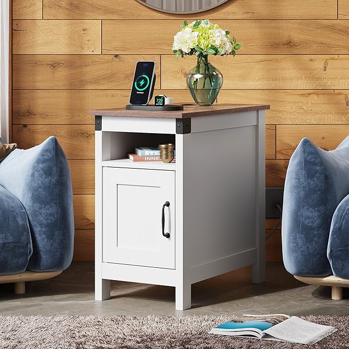 WLIVE White Farmhouse End Table for Living Room, Narrow Side Table with Charging Station, Night Stand with Storage, Small Wooden Cabinet with USB Ports and Outlets for Bedroom, White