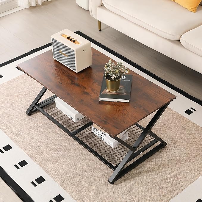 SENIG Coffee Table with Storage Shelf, Industrial Metal Wood Living Room Tables, Rectangle Center Table 39 Inch, Vintage Simple 2 Tier Cocktail Table, Brown