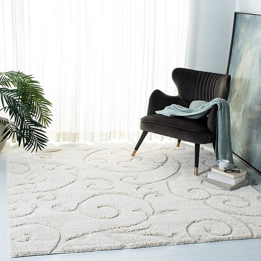 SAFAVIEH Florida Shag Collection Area Rug - 4' Square, Creme & Creme, Scroll Design, Non-Shedding & Easy Care, 1.2-inch Thick Ideal for High Traffic Areas in Living Room, Bedroom (SG455-1111)
