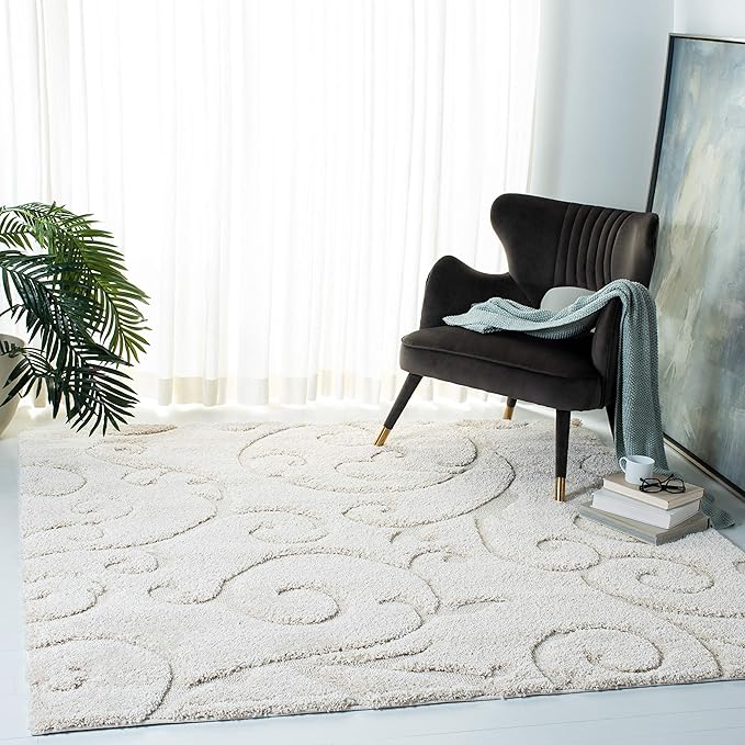 SAFAVIEH Florida Shag Collection Area Rug - 8' Square, Creme & Creme, Scroll Design, Non-Shedding & Easy Care, 1.2-inch Thick Ideal for High Traffic Areas in Living Room, Bedroom (SG455-1111)