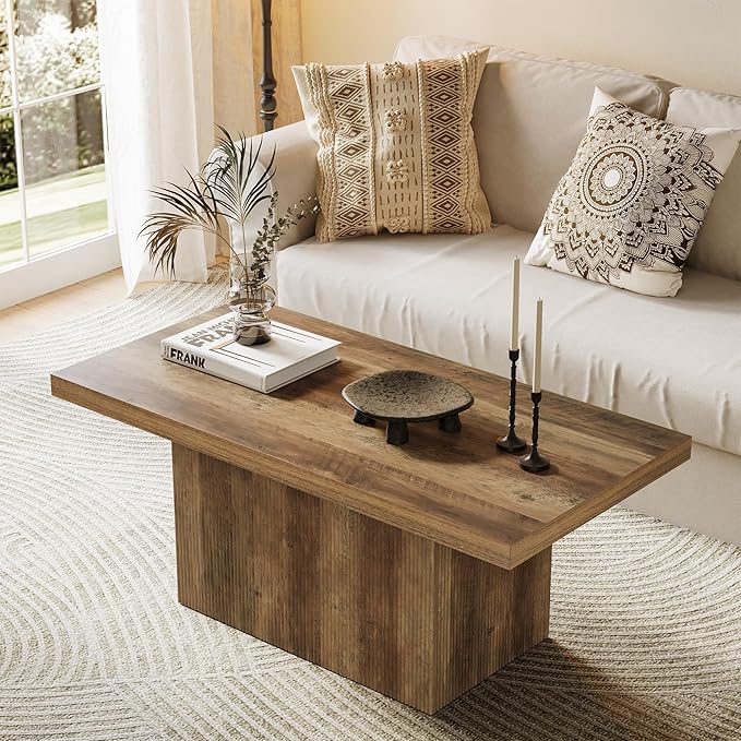 47-Inch Large Coffee Table with Pedestal, Living Room Center Table Rectangle Thickened Tabletop, Farmhouse Low Cocktail Tea Furniture for Living Room, Apartments, Rustic Brown