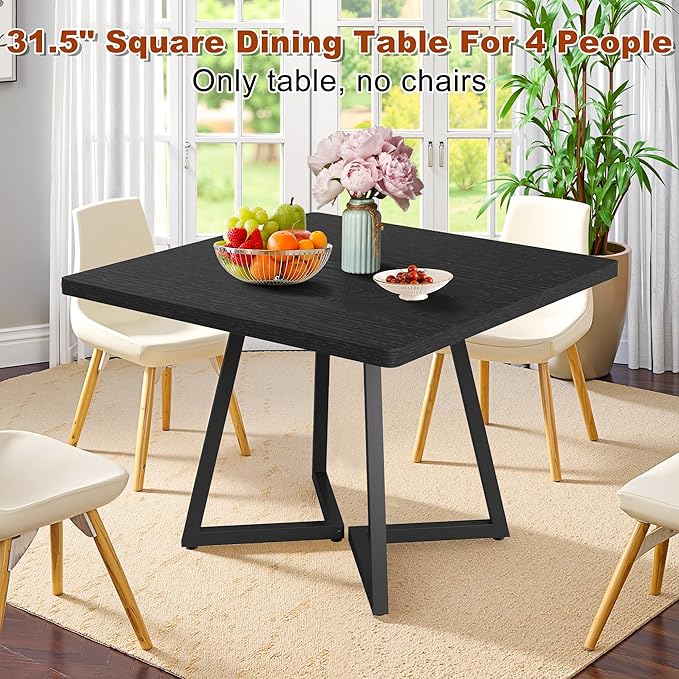 Square Dining Table for 4, 31.5-Inch Farmhouse Dinner Table Wooden Kitchen Tables with Metal Base for Dining Room, Kitchen, Living Room, Black