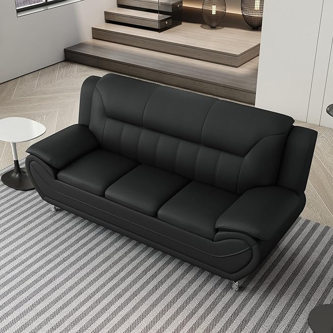 Container Furniture Direct Michael Modern Faux Leather Upholstered Stainless Steel Legs Living Room Sofa, Black
