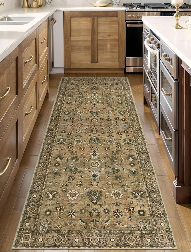 Tangsoo Floral Runner Rug 2x6 Washable Rug for Hallway, Non-Slip Vintage Boho for Entryway Indoor, Brown Print Carpet Runner Rugs, Soft Low Pile Long Runner for Kitchen Bedroom
