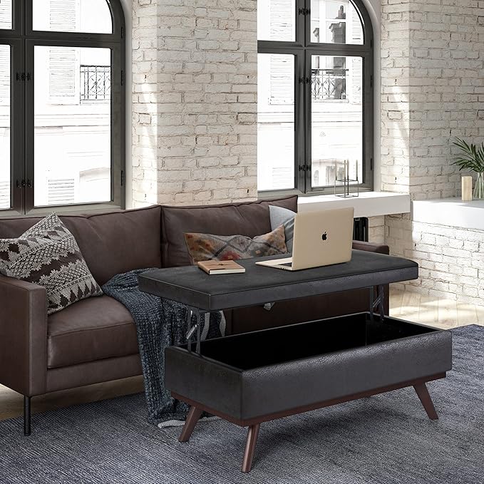 SIMPLIHOME Owen 42 inch Wide Mid Century Modern Rectangle Lift Top Large Coffee Table Storage Ottoman in Distressed Black Vegan Faux Leather, Assembled, for the Living Room, Entryway and Family Room