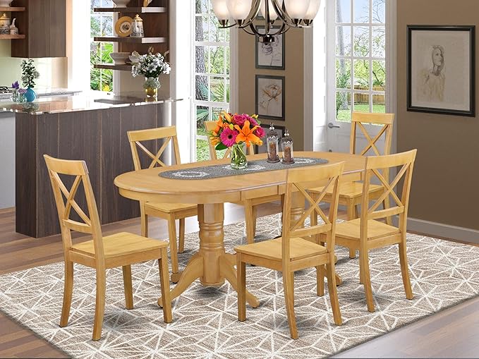 East West Furniture VABO7-OAK-W 7 Piece Dining Set Consist of an Oval Dining Room Table with Butterfly Leaf and 6 Wood Seat Chairs, 40x76 Inch, Oak