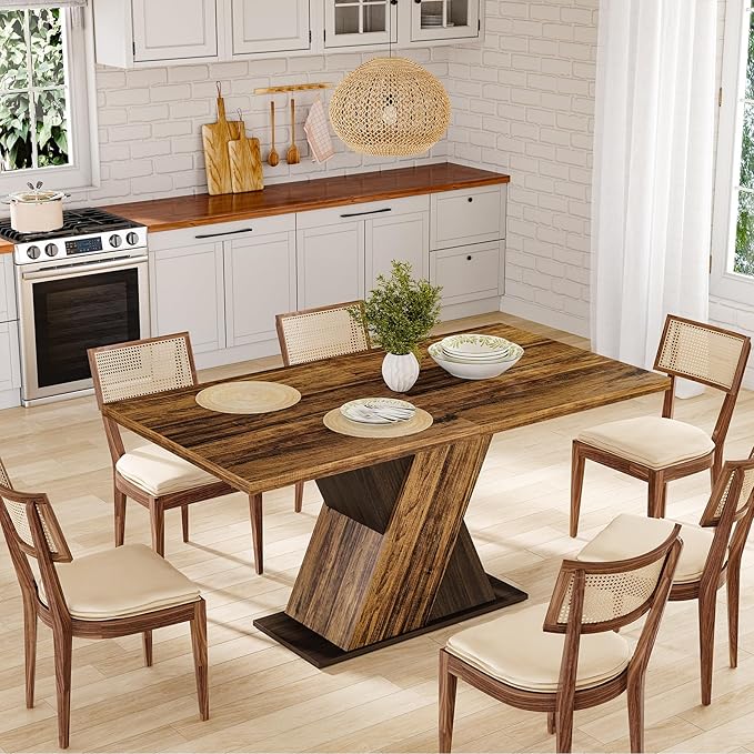 LITTLE TREE 55-Inch Dining Table for 6, Wooden Rectangle Kitchen Table, Large Dining Room Tables, Industrial Dinner Table with Heavy Duty Pedestal, Rustic Brown