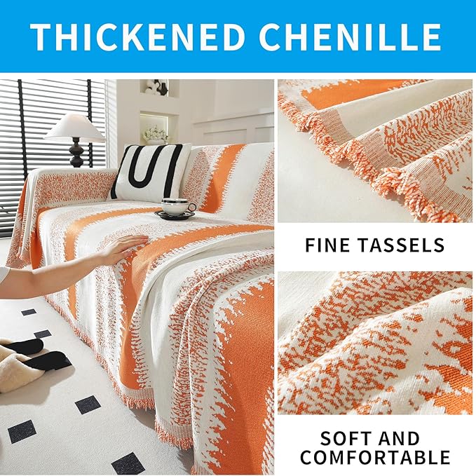 LUFEIJIASHI Boho Couch Covers for Sofa Non Slip Sofa Covers Washable Couch Covers for 3 Cushion Couch Sofa Pet Friendly Sectional Couch Cover Blanket Furniture Protector for Dogs (Orange, 71"x150")