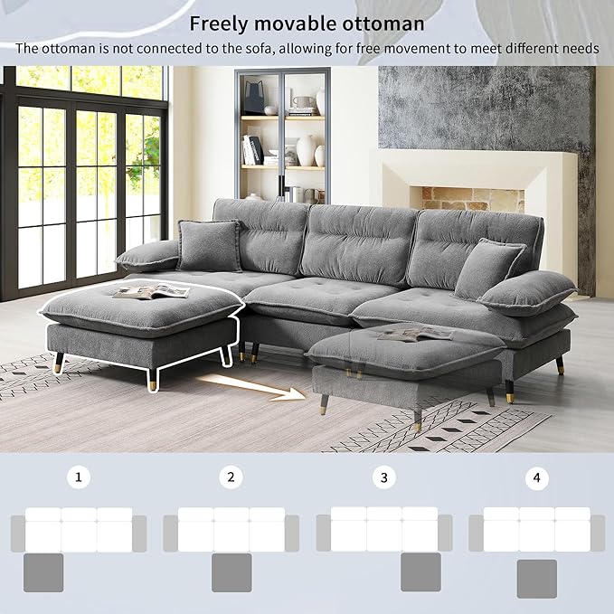 106" L Shaped Convertible Sectional Sofa,4 Seat Tufted Cloud Couch Set W/Movable Ottoman for Living Room, Apartment,Office,Chenille Fabric,Grey
