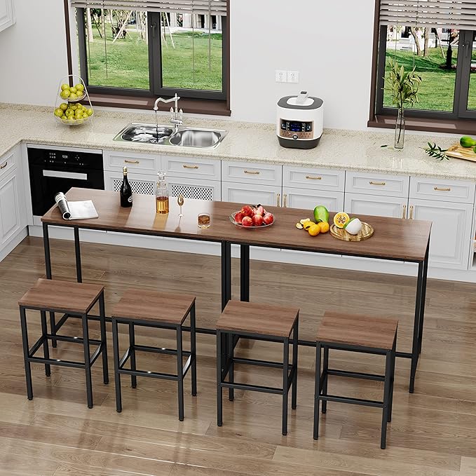 Aklaus Bar Table and Chairs Set 44" Dining Table Set Pub Bar Table with 2 Stools 3-Piece Kitchen Breakfast Table Set for Living Room Dining Room Sturdy Metal FrameBrown