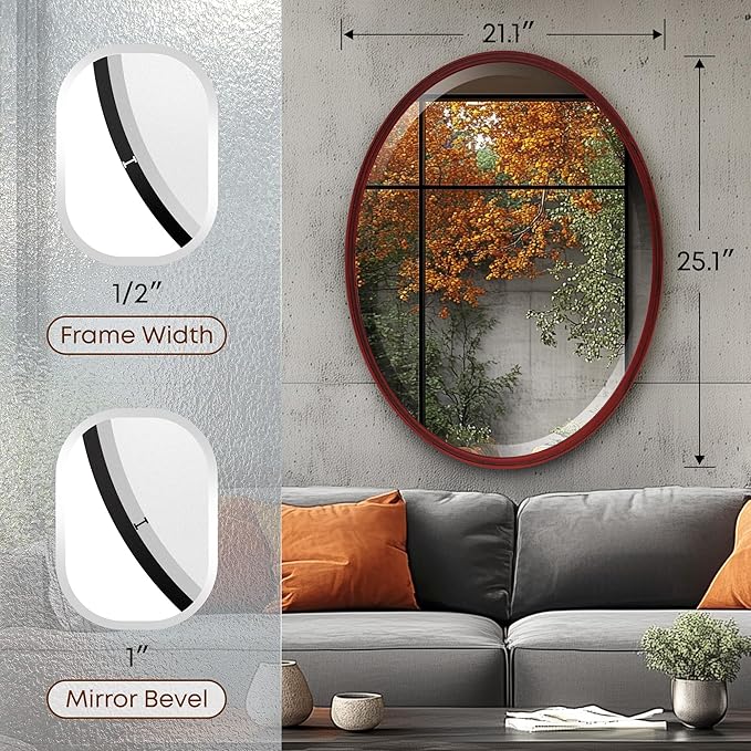 OVALCREST - Oval Wooden Beveled Wall Mirror for Home Decor, Bathroom, Vanity, Bedroom, Living Room, Hallway - London Style (Black Cherry) 21.1 x 25.1