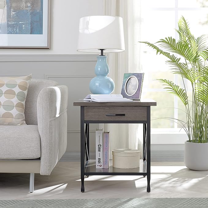 Leick Home 23007 Chisel & Forge One Drawer X Design Mixed Metal and Wood Side Table with Shelf, Smoke Gray and Matte Black, 22 in x 24 in x 24 in