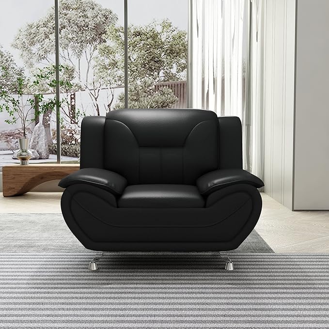 Container Furniture Direct Michael Modern Faux Leather Upholstered Stainless Steel Legs Living Room, Chair, Midnight Black