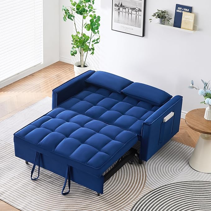 Ball & Cast 55" Convertible Sofa Bed,3 in 1 Sleeper Sofa W/Pull-Out Bed,Convertible Pull Out Couch W/2 Pillows,Adjustable Backrest & Side Pocket,Velvet Futon Couches for Living Room,Apartment,Blue