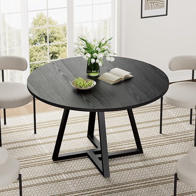 IRONCK 43" Round Dining Table for 4, Wood Kitchen Table with Metal Base, Space Saving Industrial Circle Dinner Table for Kitchen Dining Room, Black