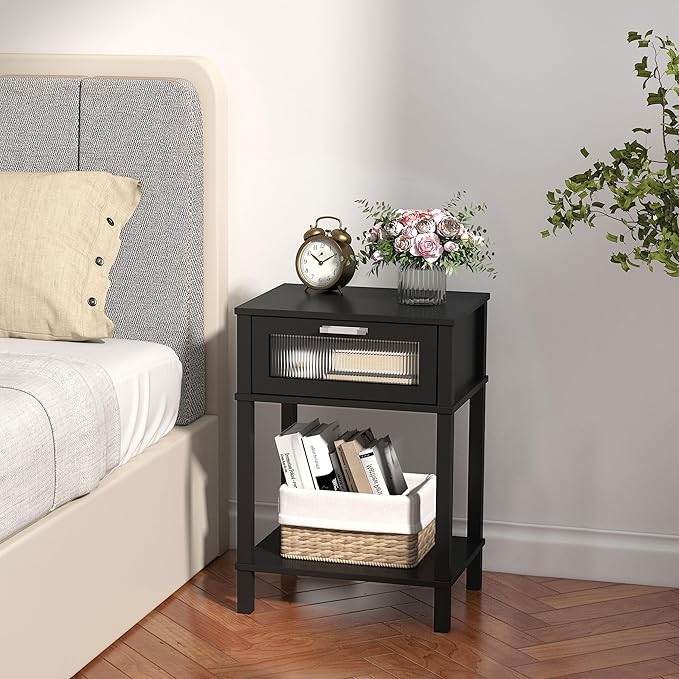 Nightstand Wooden Bedside Table with Drawer Black Night Stands Modern Style Small End Table Side Table with Storage Shelf for Bedroom Living Room MLBZ10B