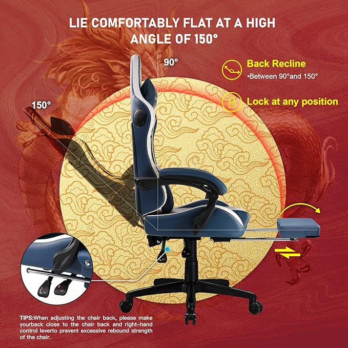 GTPLAYER Gaming Chair with Bluetooth Speakers and Footrest, Dragon Series Video Game Chair ，Heavy Duty, Ergonomic, Esports Computer Office Chair Blue (Royal Blue)
