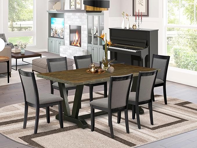 East West Furniture V677MZ650-7 7 Piece Dining Room Set Consist of a Rectangle Dining Table with V-Legs and 6 Dark Gotham Grey Linen Fabric Upholstered Chairs, 40x72 Inch, Multi-Color