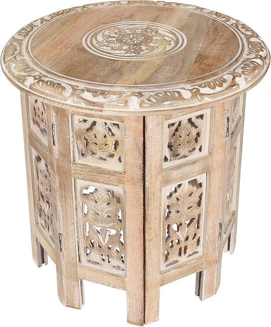 The Wooden Town Carved Wood Round End Table – 18" Accent Side Table for Living Room, White Washed Small Coffee Table, Handcrafted Altar Table, Solid Wood Design