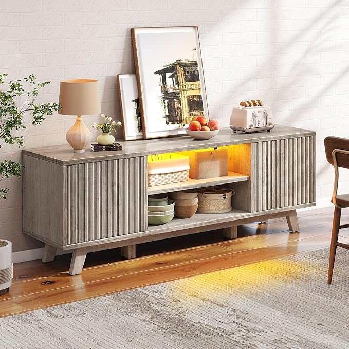 YITAHOME Television Stand for Living Room, Fluted TV Stand with LED Light for 65/55 Inch TV, Mid Century Modern Entertainment Center Media Console TV Cabinet with Adjustable Shelves, Light Oak