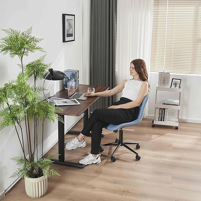 YOUNIKE Blue Home Office Desk Chair with Wheels Compact Comfy Armless Vanity Chair with Back Modern Small Leather Upholstered Rolling Task Chair Cute Computer Drafting Sewing Chair Swivel Adjustable