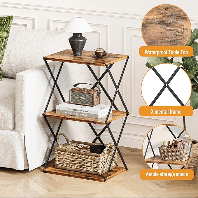 3-Tier End Table Small Side Table Tall Bedside Night Stand with Storage Sofa Side desks for Living Room Bedroom Office Bathroom Small Space Rustic Brown ET-03RB