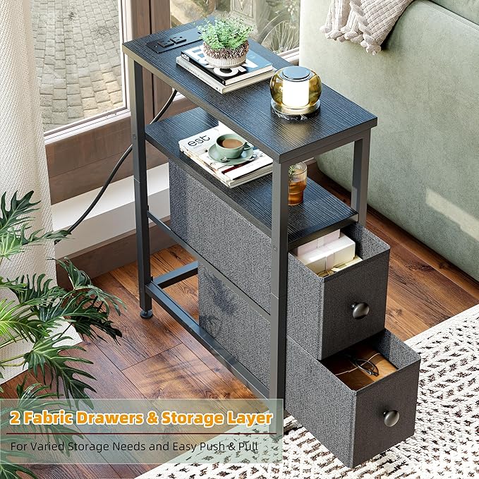 TIQLAB End Table with Charging Station, Narrow Side Table with 2 Fabric Drawers, Nightstand with LED Light, Slim Bedside Table for Bedroom, Living Room, Small Spaces, Black