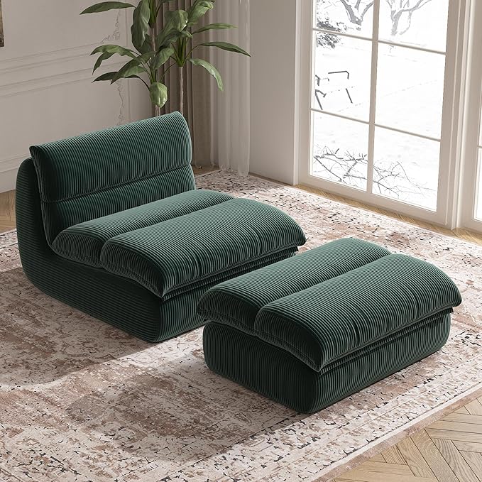 Bean Bag Chair with Ottoman, Cozy Comfy Reading Nook Chairs, Ultra Soft Corduroy Fabric Bean Bag Chairs for Adults, Reading Chair with Ottoman for Living Room, Bedroom Apartment (Green)