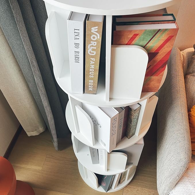 Heehee Rotating Bookshelf 360 Display Floor Standing Bookcase Storage Rack for Kids&Adults Multi-Functional Bookshelf Organizer (White (4-Tier))