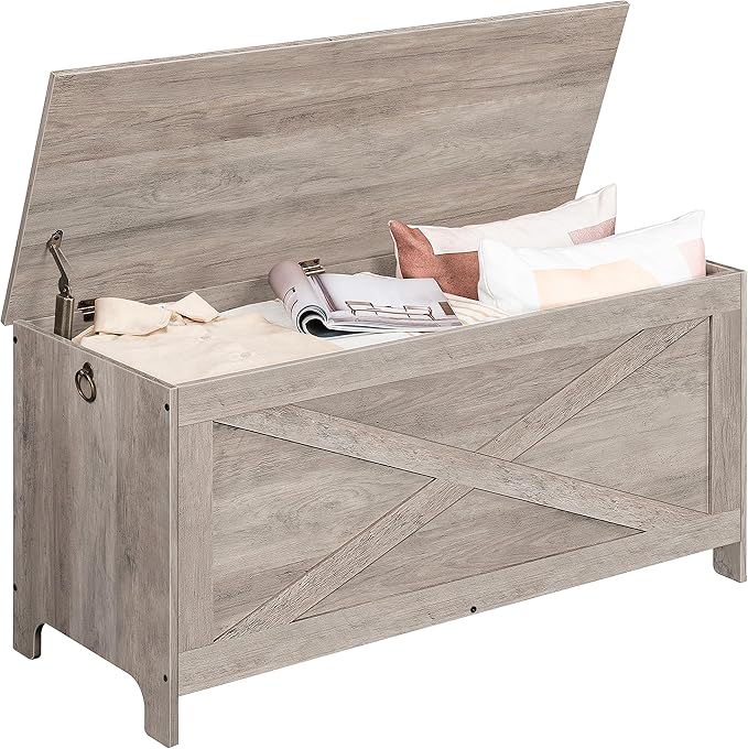 39.4" Toy Chest, Sturdy Entryway Storage Chest with Safety Hinges, Retro Toy Box, Wooden Look Accent Furniture for Living Room, Bedroom,Greige SCHG48101