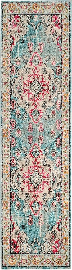 SAFAVIEH Monaco Collection Runner Rug - 2'2" x 14', Light Blue & Fuchsia, Medallion Distressed Design, Non-Shedding & Easy Care, Ideal for High Traffic Areas in Living Room, Bedroom (MNC243J)