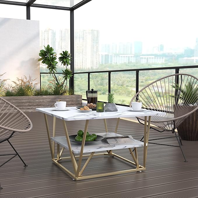 Elephance Square Coffee Table for Living Room, 31.5 Inch Modern Coffee Table with Storage, 2-Tier White and Gold, Wooden Tabletop-Marble White with Gold Frame