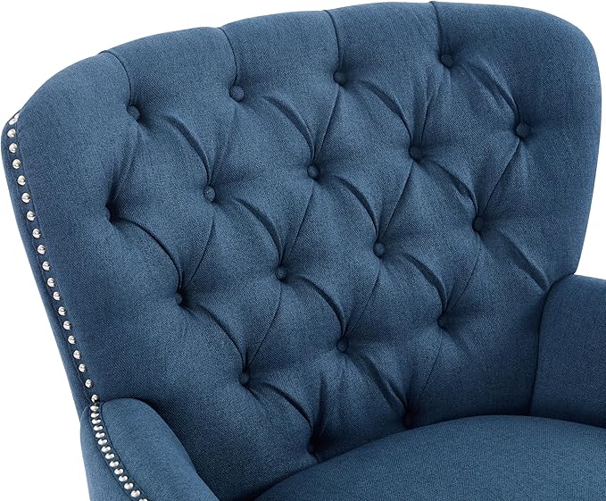 Ball & Cast Accent Chair,Mid-Century Lounge Living Room Chairs with Button Tufting,Upholstered Reading Accent Chair W/Solid Wood Legs and Curved Backrest,for Bedroom,Apartment,Navy Blue