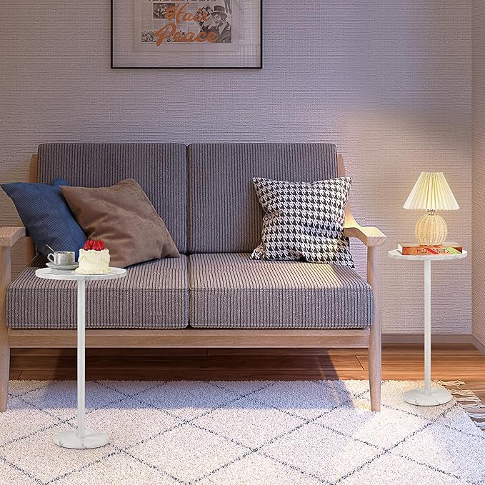 White Round Side Table Small End Table Set of 2 Modern Accent Table Pedestal Drink Table with Marble Base for Small Spaces Living Room Bedroom Outdoor