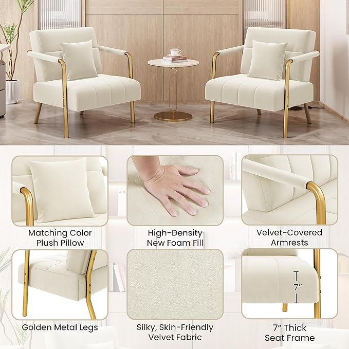 Yaheetech 30" W Modern Sofa Small Sofa Luxurious Velvet Fabric Couch with Gold-Tone Metal Arms and Legs for Living Room, Home Office, Studio Beige
