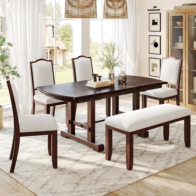 Ball & Cast 60"-78" Extendable Farmhouse Dining-Table for 6-8, Expandable Wooden Kitchen Table with 18" Removable Leaf, Large Retro H-Leg Dining Room Table for 4-8,Space Saving & Sturdy, Cherry