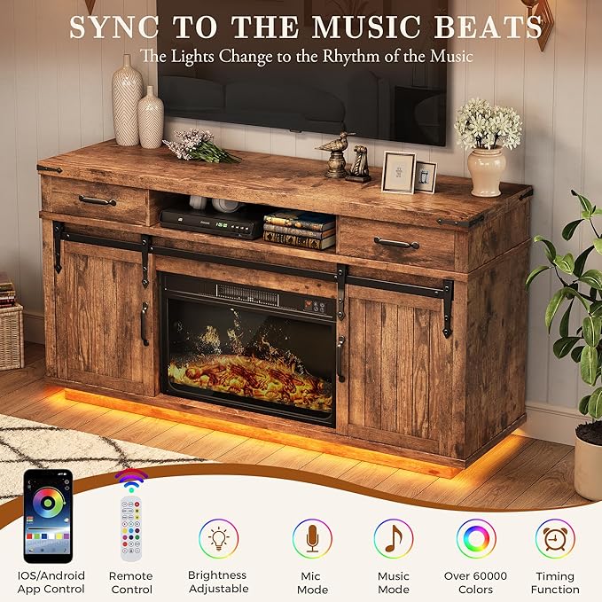 59'' Fireplace TV Stand with 3D Flame Electric Fireplace Heater, 34'' Tall Farmhouse TV Stand for 65 Inch TV, Entertainment Center TV Console with 2 Drawers, Sliding Barn Door for Living Room - Brown