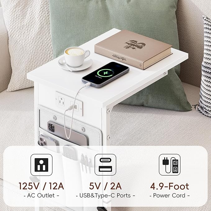 Vagusicc C Shaped End Table with Charging Station, Adjustable Height Side Table for Couch, Small Sofa Table for Small Spaces, Slide Under Sofa Table TV Tray Arm Tables for Living Room, Bedroom, White