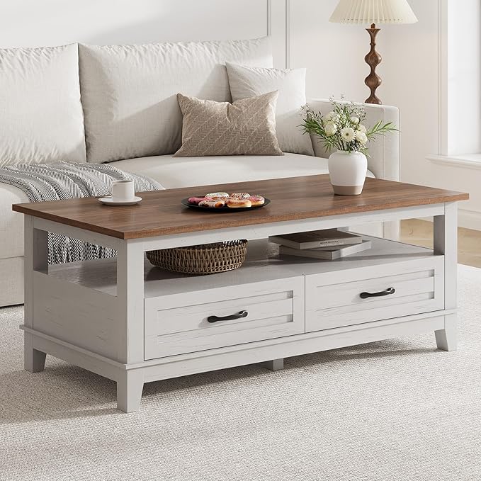 GarveeHome Farmhouse Coffee Table with Drawers, 47.2" Center Table Rustic Coffee Tables White Brown Living Room Table, with Open Shelf and 6 Support Legs