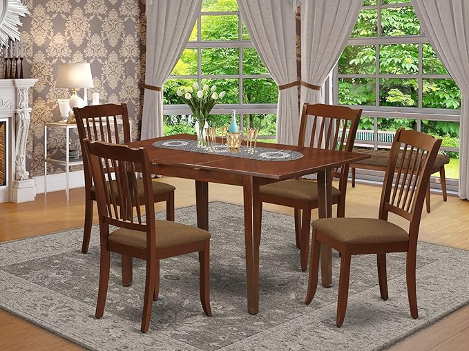East West Furniture NODA5-MAH-C 5 Piece Dining Table Set for 4 Includes a Rectangle Kitchen Table with Butterfly Leaf and 4 Linen Fabric Kitchen Dining Chairs, 32x54 Inch, Mahogany