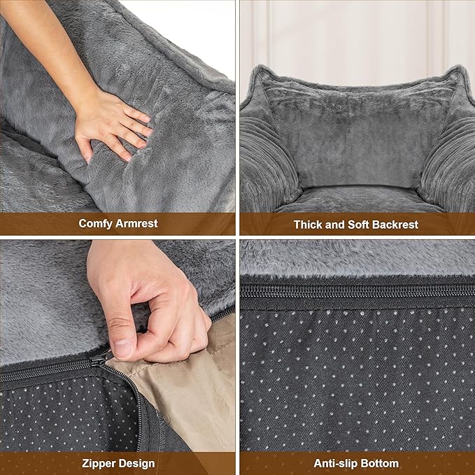 Giant Bean Bag Chair for Adults, Large Bean Bag Chair with Armrest, Living Room Fluffy Beanbag Couch with Filler Included, Comfy Washable Lazy Sofa Chair for Bedroom, Gray