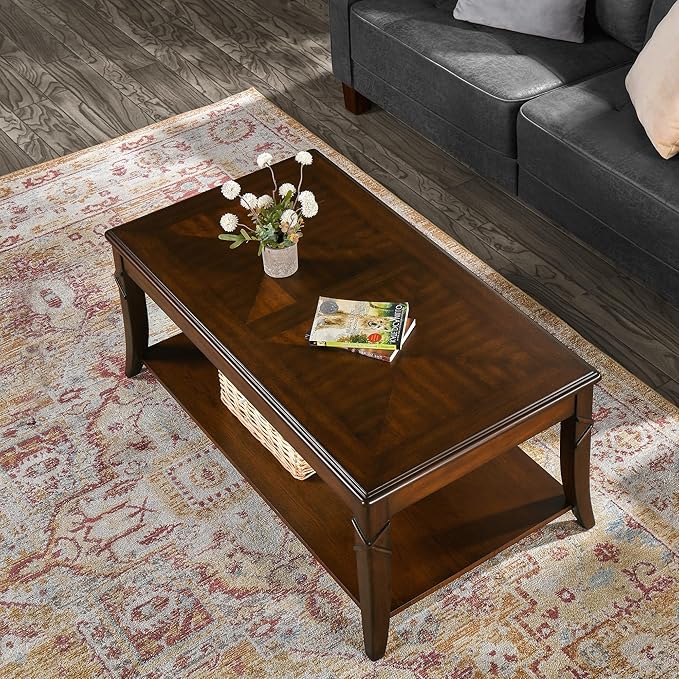 Solid Wood Coffee Table with Storage Shelf, Rectangle Coffee Table for Living Room, Mid-Century Living Room Table with Curved Legs, Large Countertop Cocktail Center Table, Cherry Walnut KFZ-DR200