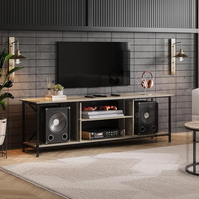 WLIVE TV Stand for 70 Inch TV, Entertainment Center with Storage, Industrial TV Console for Living Room and Bedroom, Greige