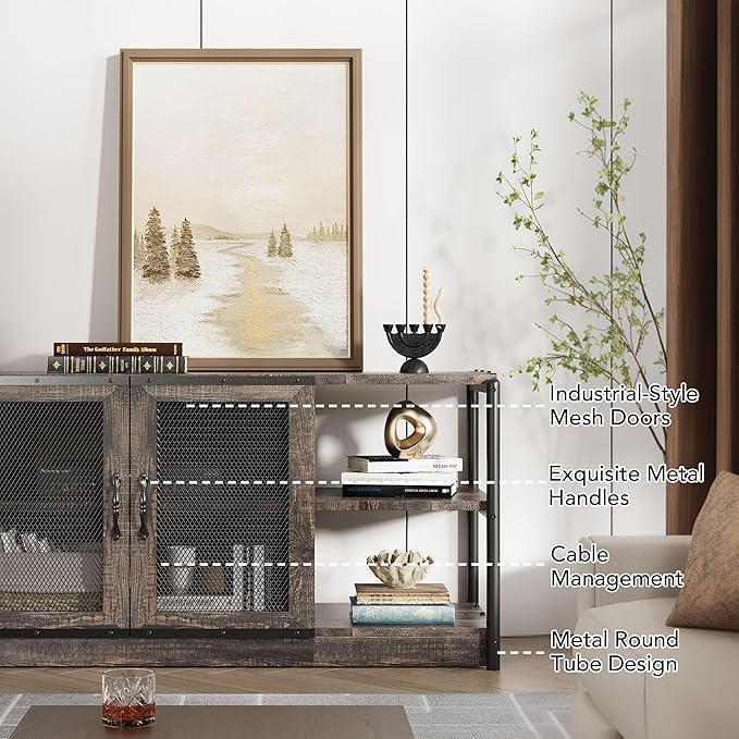 GarveeHome Farmhouse TV Stand for 65/75 inch TV, Entertainment Center with Storage Cabinet, Industrial TV Console Cabinet with Mesh Doors, 63" Rustic TV Media Console Table for Living Room, Oak