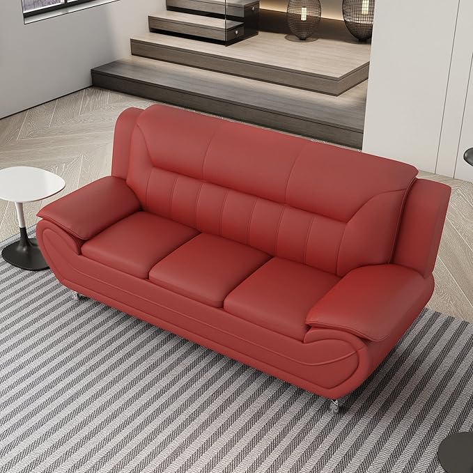 Container Furniture Direct Michael Modern Faux Leather Upholstered Stainless Steel Legs Living Room Sofa, Loveseat, Red