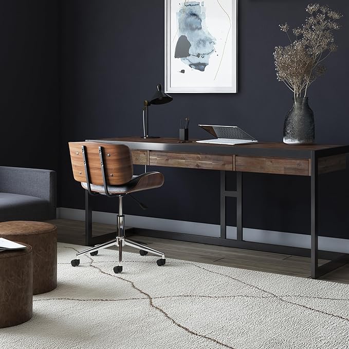 SIMPLIHOME Erina Large Desk - 72-Inch Wide Solid Acacia Wood and Metal Writing Desk in Rustic Natural Aged Brown, Modern Industrial Home Office Computer Table with Drawers and Flip-Down Keyboard Tray