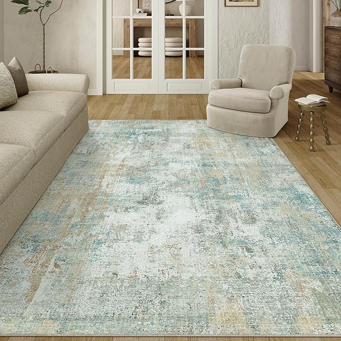 6x9 Washable Area Rug Teal Beige Modern Neutral Abstract Living Room Bedroom Indoor Floor Carpet Low Pile Soft Non-Slip Lightweight Vacuumable Throw Rug for Nursery Dining Room Office